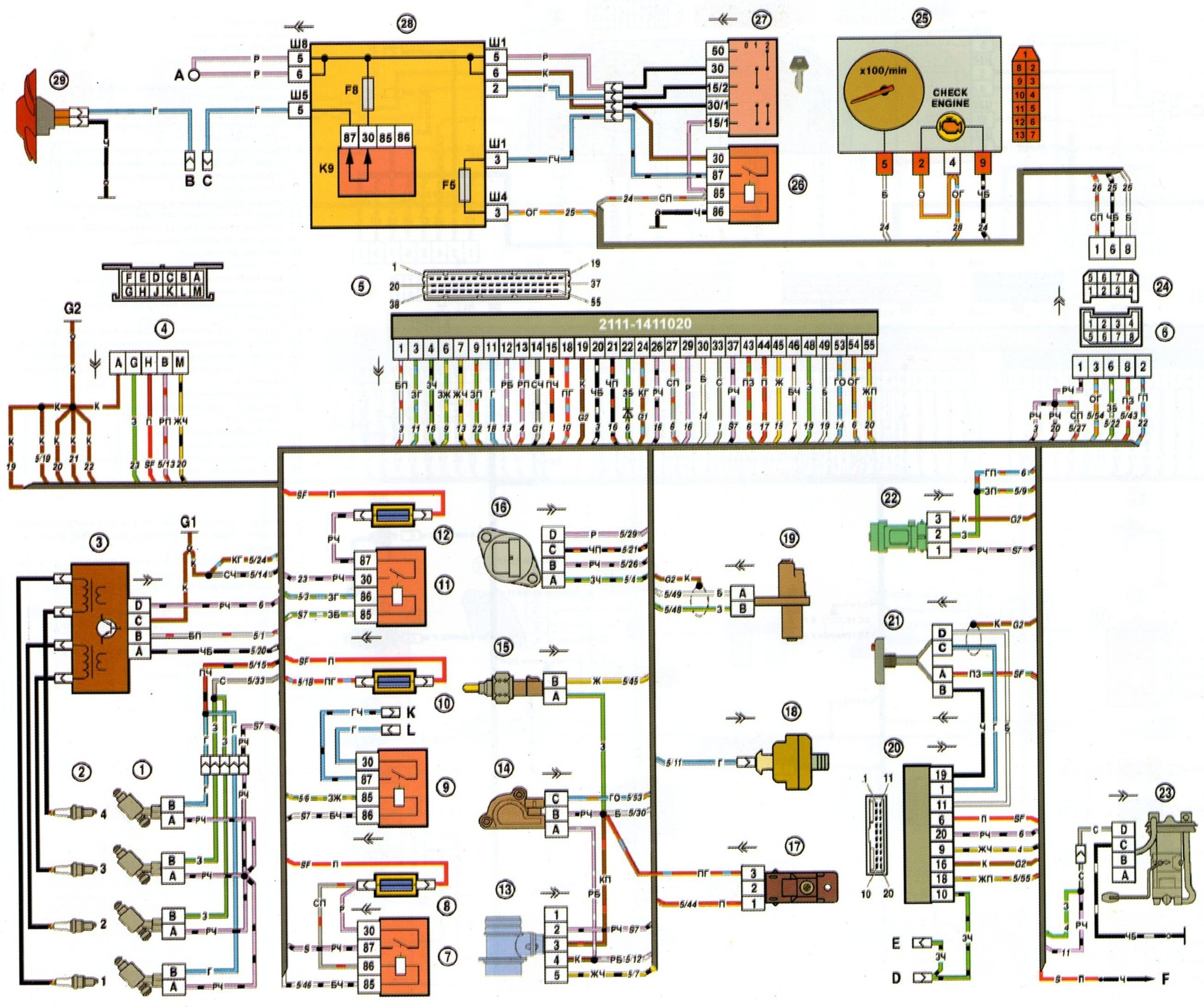 Электросхема ЭСУД автомобилей ВАЗ-2108-09-99 с двигателем 2111, контроллер  Bosch 1.5.4